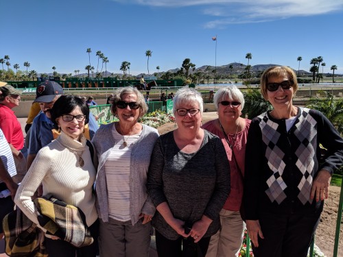 Arizona Snowbirds: Jabeth Shinn, Linda Yoder Large, Jane Notestine, Laura Gage and June Saddison at Turf Paradise Race Track, Phoenix, AZ 2018.