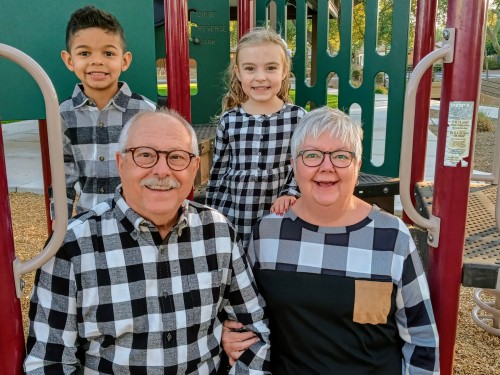 Grandpa, Grandma, Grandkids, Alex (4) and Carmen (5). 2020.